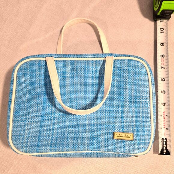 Stephanie Johnson ML Traveler Blue Woven Travel Makeup Bag with White Handles - Picture 4 of 6